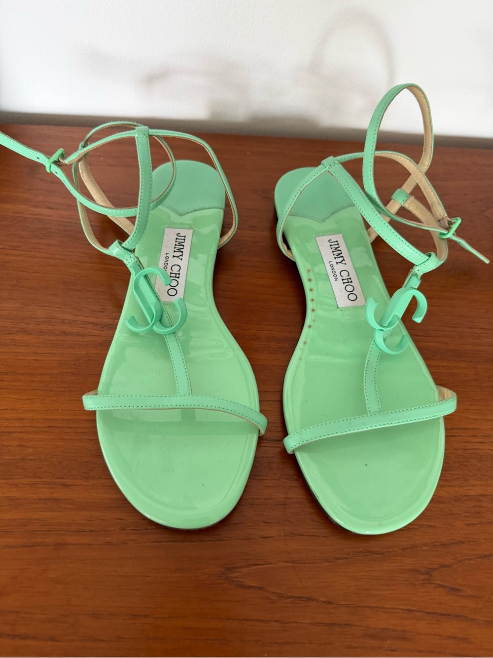 Jimmy Choo Mint Green Patent Leather Strappy Flat Sandals